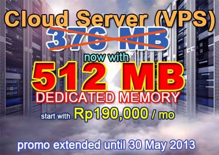 Cloud Server with dedicated memory (RAM) 512 MB only Rp190,000/month